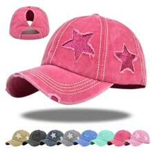1 pieza Gorra de béisbol con agujeros y bordado de pentágono para mujer, sombrero ajustable de sol para exteriores, ideal para primavera/otoño, viajes, playa y vacaciones, apta para hombres y jóvenes en estilo Y2K