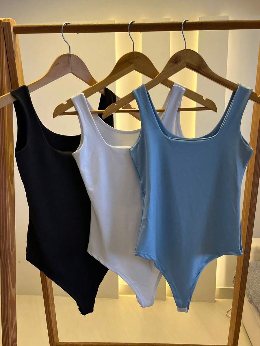 Kit 3 Body Bory Bori Women's Jumpsuit Square Neck Tank Top Thick Strap Winter Colors Suplex Double Layer Basic Travel Party Gift Beach Immediate Shipping Black Beige Brown Gray - 黑白/淺藍 - 查看 1