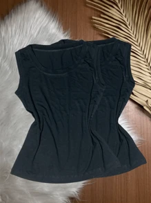 Kit With 2 Women's Tank Tops In Plain Vicolycra Mesh, Closed, Thick Straps On - 2 黑色 - 查看 1