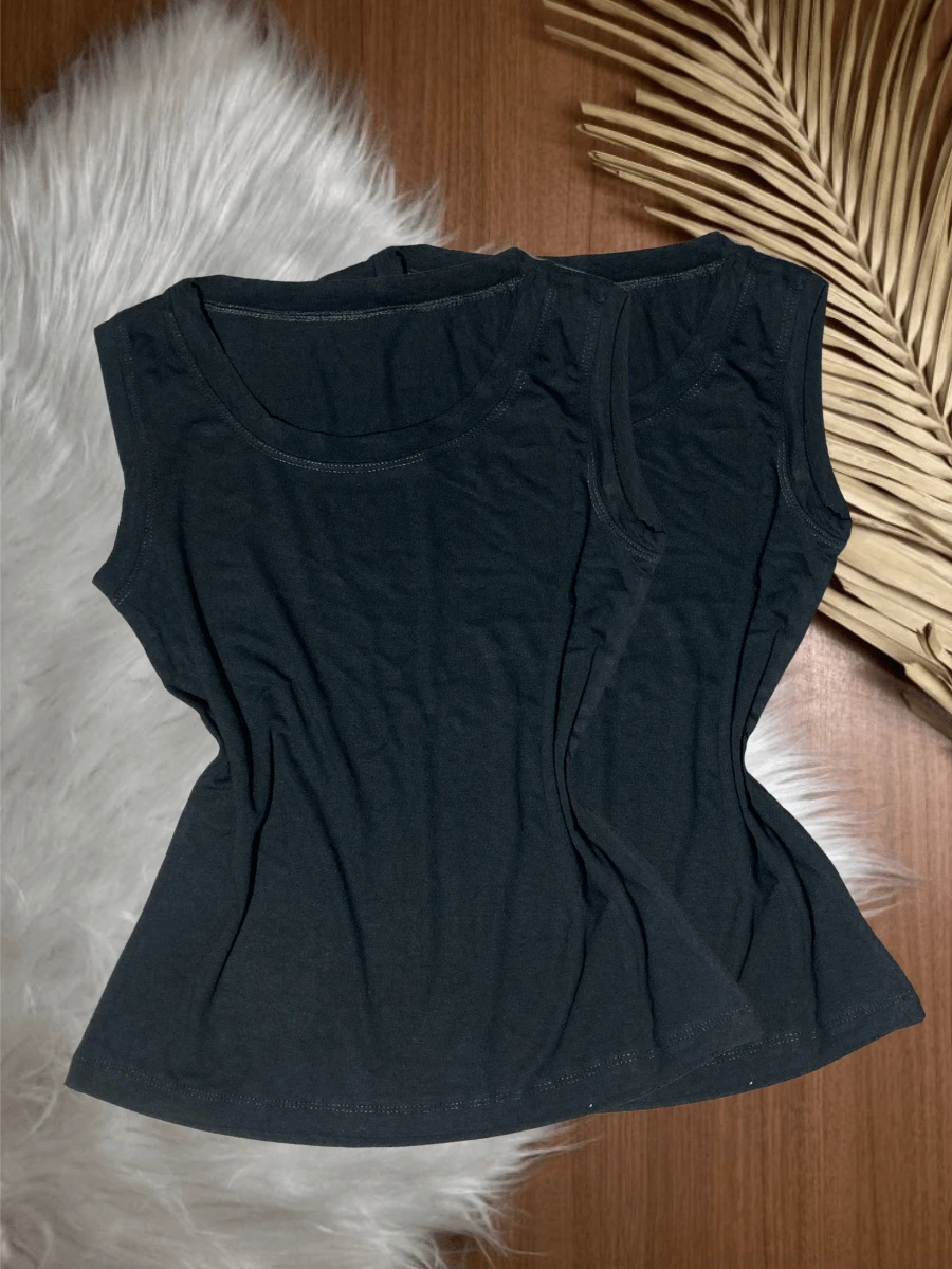 Kit With 2 Women's Tank Tops In Plain Vicolycra Mesh, Closed, Thick Straps On - 2 黑色 - 查看 1