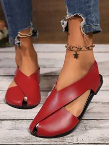 New Design Elastic Band Solid Color Texture Fashionable Casual Women Peep Toe Flat Sandals, Versatile - Burgundy - View 1