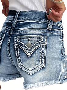 Women's Ripped Denim Shorts, Star-Embroidered Stretch Jeans, Summer Casual Women's Shorts For The Bottom Wear - Màu xanh lam - Xem 3