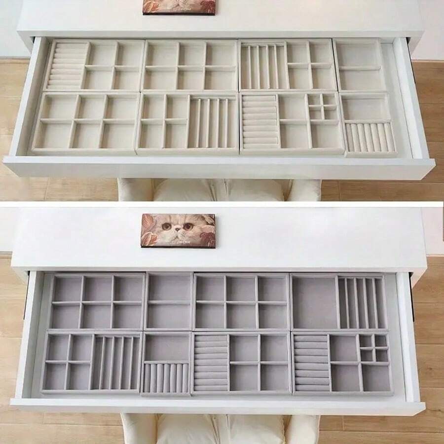 Bandeja de exhibición de pendientes de franela con cajón: organizador de joyería para anillos, aretes y pendientes. Esta exquisita bandeja de joyería forrada de franela cuenta con un práctico cajón, lo que la convierte en una solución de almacenamiento ideal para tus preciados anillos, aretes y pendientes.