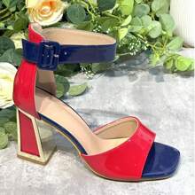 Patent Tricolor Sandals With High Square Heel Stylish Sandals Summer Sandals For Women - Red - View 2
