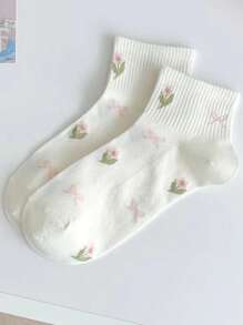 5 pares de calcetines de mujer para primavera y verano, con diseño de flores de tulipán y estilo simple y moderno, suaves, transpirables y con absorción de sudor, para uso diario y deportivo de corta longitud