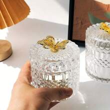 1pc Glass Jar With Lid, Embossed Desktop Decoration And Storage Box - Clear - View 7