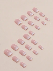 24 Pcs Ombre Press On Nails Short, Square Fake Nails With Nail Glue, Pink White Ombre Glue On Nails False Nails For Women