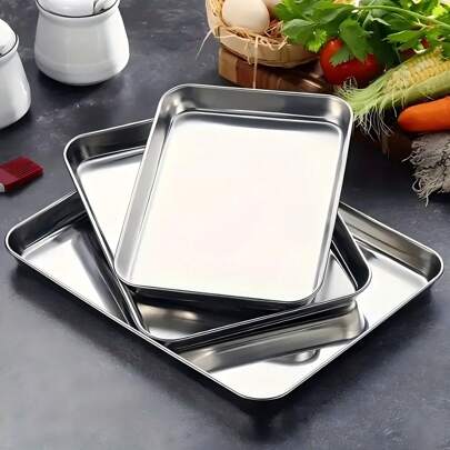 1pc/3pcs, Raised, Thick, Stainless Steel Baking Pan, Baking Cookie Pan, Oven Pan, Baking Tool, Multi-Functional Home, Restaurant And Party Service Tray, Durable Kitchen Utensils, Suitable For Baking And Food Display