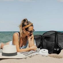 [旅行收纳袋] 2 件装沙滩尼龙网眼手提包、网眼鞋袋、休闲手提包女士可折叠单肩包，适合海滩野餐度假 - 彩色 - 查看 5