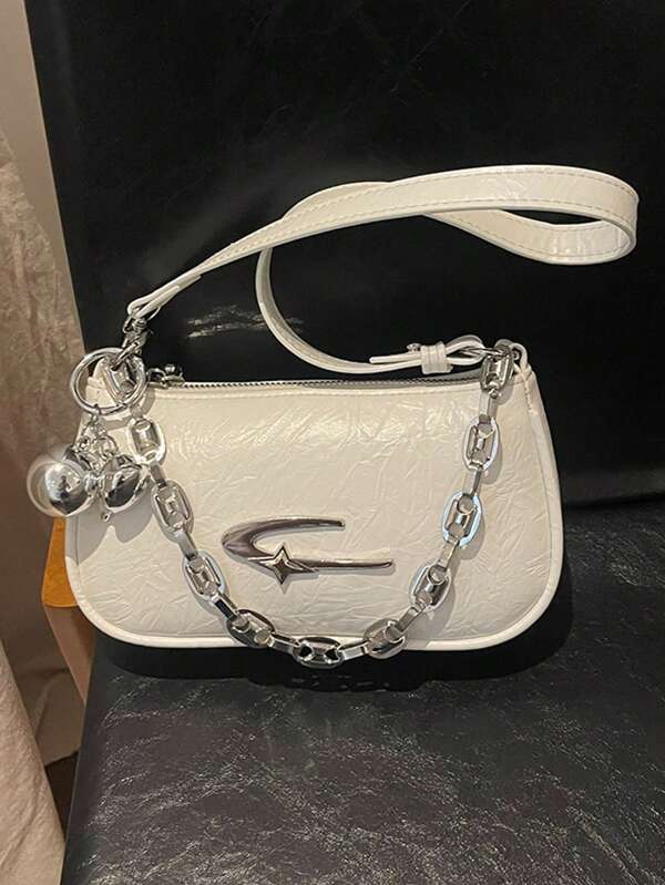 Bolsa quadrada personalizada de moda feminina, bolsa de câmera, material de PU, decoração de estrela de metal, decoração de corrente, decoração de bola, estilo spicy, vibração metálica Y2K, adequada para uso diário, trabalho, carteira, presente para amigos, férias, bolsa de ombro para senhoras