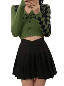 Womens Casual Long Sleeve Knitted Cardigan Fashion Contrast Color Rhombus Exposed Navel Knitwear