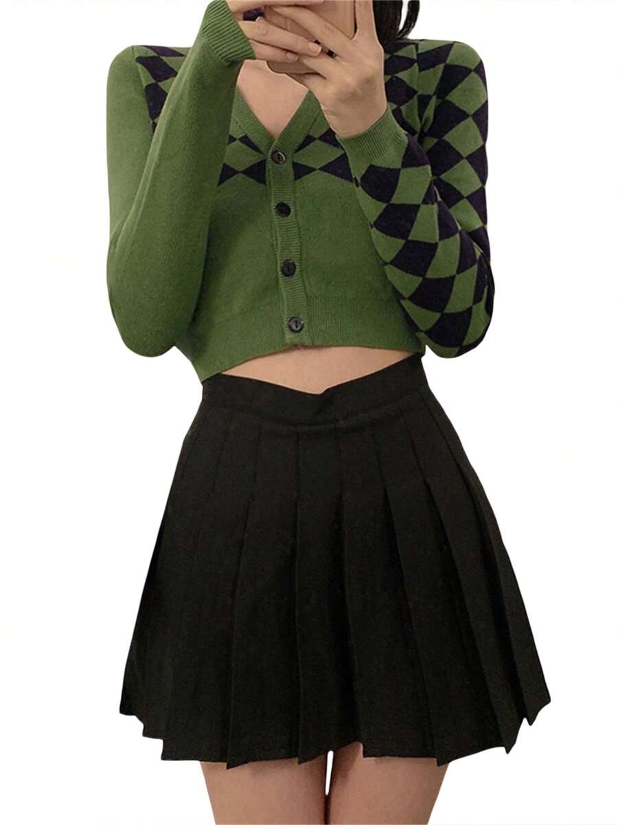 Womens Casual Long Sleeve Knitted Cardigan Fashion Contrast Color Rhombus Exposed Navel Knitwear