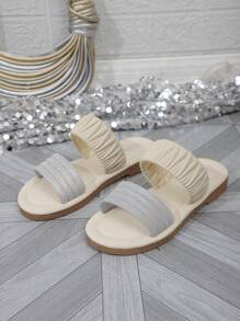 Layered Strap Cork Slides/Beige Crinkle & Silver Metallic/Minimalist Summer Style - Silver - View 1