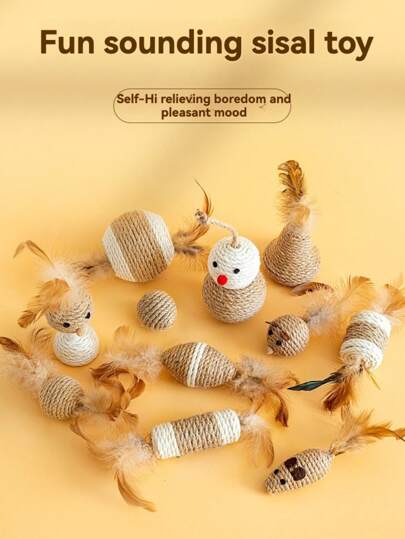 Medium Size Cat Sisal Cat Toy Ball With Colorful Feathers + Self-Entertainment Sound Function, Durable Sisal Material, Suitable For Daily/Holiday Interaction