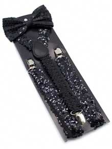 2 件亮片吊带和蝴蝶结套装，男女通用青少年款，纯色，Y 型背带和蝴蝶结套装