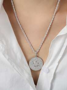 1pc Vintage Rhinestone Circular Lotus Print Gold Pendant Necklace, Suitable For Daily Wear And Vacation, Great Gift For Friends - Lotus Pendant Necklace - View 3