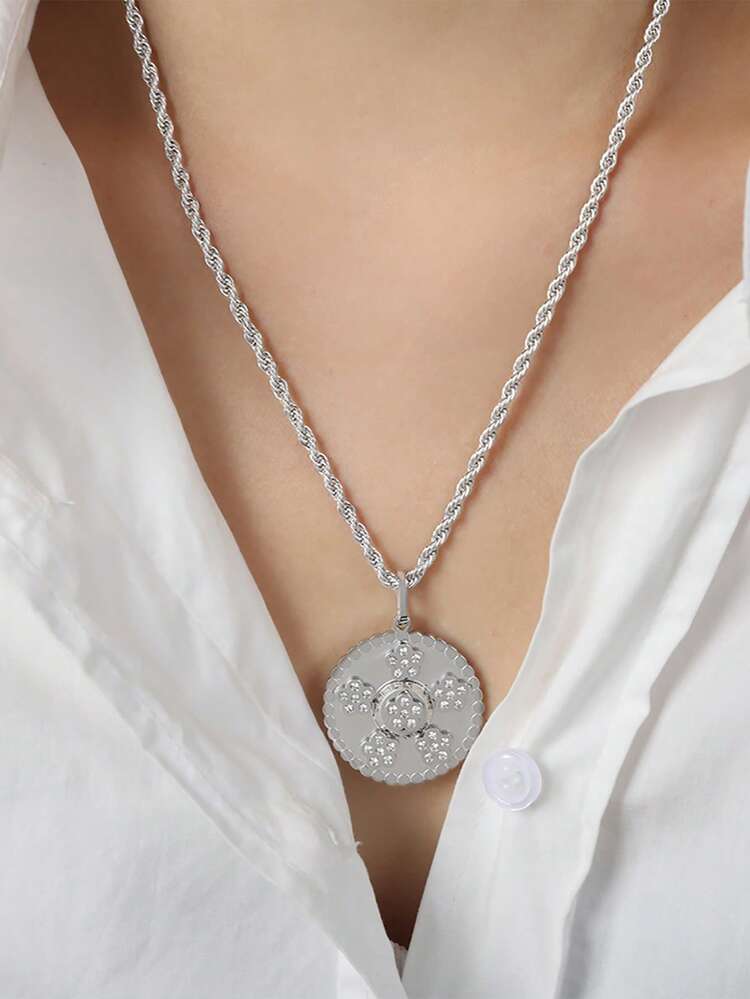 1 pieza Collar con colgante circular de oro con estampado de loto y cristales vintage, adecuado para uso diario y vacaciones, excelente regalo para amigos - Collar con colgante de loto - Añade 3