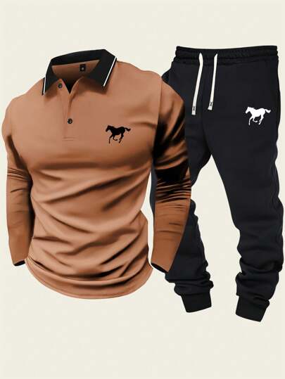 Men's 2 Pieces Set Olive Green Long Sleeve Polo Shirt With Horse Print Black Jogger Pants Casual Activewear For Daily Outings