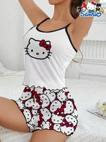 Sanrio Set da pigiama da 2 pezzi per donne con canotta e pantaloncini comodi, stampa con fiocchi, Sanrio Hello Kitty