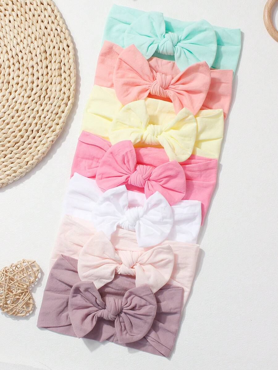 7pcs/Set Candy Color Nylon Bows Headbands Set For Infant, Suitable For Daily Wear - Multicolor - View 1