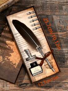 1pc Retro Crown Feather Pen With Ink Pen Gift Box, Dip-In-Ink Usable, Suitable For Wedding Signature Or Back To School Souvenir
