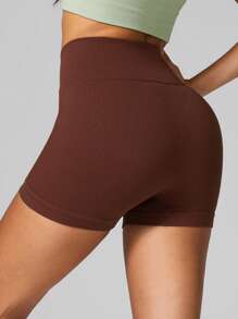 NcmRyu 1pc Women's Solid Color Casual Ribbed High Waist Lifting Fitness Yoga Sports Shorts - Cà phê nâu - Xem 5