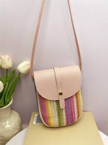 1pc Pink Diagonal Sling Bag, Bohemian Style Multicolor Rainbow Woven Crafted Phone Pouch, Mini Shoulder Bag Coin Purse, Suitable For Women/Girls, Spring/Summer, Casual, Student, Outdoor, Beach, Gift