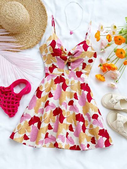 V-Ausschnitt rückenfreies Schlüpfkleid mit Ginkgo-Blatt-Muster, ärmelloses Mini-Sommerkleid für Sommer und Valentinstag