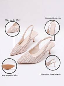 Women Open Back Kitten Heels Pumps, Solid Color Pointed Toe Slingback Pumps With Elastic Band - Apricot - View 4