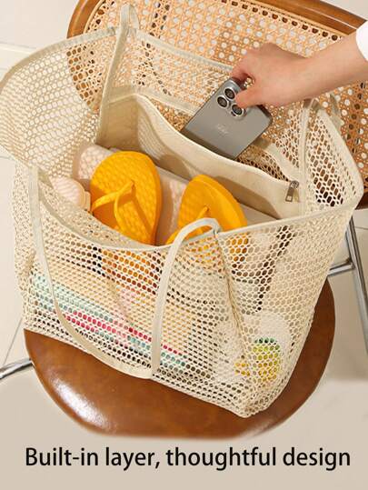 A Women's Summer Beach Tote Bag -- A Back - To - School Season Gift. It Is A Practical Mesh Shoulder Bag That Can Also Be Worn Cross - Body. Equipped With A Polyester Lining, It Is Very Suitable For Travel And Outdoor Activities. It Can Be Used As A Toiletries Bag To Store Bathroom Toiletries During Summer Beach Vacations. It Is Also A Great Helper For Storing Holiday Items, Study Supplies, Travel Essentials, And Items In Girls' Dormitories.