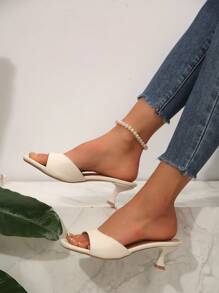 1 双女士方头纯色露趾小猫跟亮面凉鞋，波西米亚风格，凉爽夏季设计 - 米色 - 查看 5