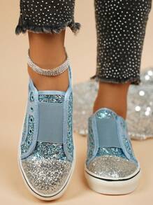 女士休闲圆头平底帆布便鞋，彩色闪光设计，舒适低帮，时尚百搭