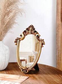 1 peça de ornamento decorativo assimétrico com padrão floral clássico europeu, pode ser pendurado ou colocado na mesa, espelho decorativo estilo palácio europeu para decoração de parede ou penteadeira - Ouro - Ver 2