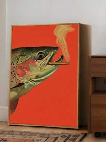 1pc Vintage Trout Fishing Poster - Whimsical Retro Fish Art With Cigarette, Unframed Canvas Wall Decor For Cabin Or Home, Perfect Father's Gift, Warm Orange-Red Hue, Red Koi Fish Canvas Wall Art Poster, Japanese Aesthetic Wall Print Gifts Birthday Graduation