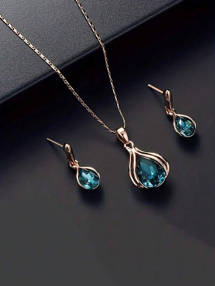 Elegant 3-Piece Jewelry Set For Women - Waterdrop Rhinestone Pendant Necklace And Hook Earrings Set