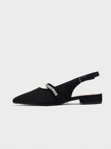Women's Black Thick Heel Rhinestone Decor Pointed Toe Mule Sandal, French Low Heel Backless Strap Roman Sandal For Casual, Business, Outdoor Activities