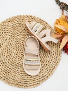 1 双婴儿珍珠亮片编织公主风格软底可爱凉鞋，夏季 - 杏色 - 查看 5