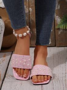 Women's Plus Size Flat Sandals, Casual Resort Style Summer Outdoor Wear, Rhinestone Decor - Pink - View 6