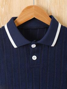 2pcs/Set Toddler Boys Polo Collar Button Color Block Rib Knit Short Sleeve Top + Casual Shorts Preppy Outfit - Blue - View 5