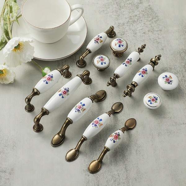 1pc Ceramic + Zinc Alloy Cabinet Door Drawer Pull Handle, Retro European Style Multiple Designs Drawer Pulls, Suitable For Kids Room, Kitchen Cabinet, Wardrobe, Cabinet Door, Dressing Table, American Style Furniture