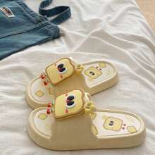 卡通面包图案防滑拖鞋，2024夏季户外室内休闲情侣拖鞋，时尚可爱 - 卡其色 - 查看 1