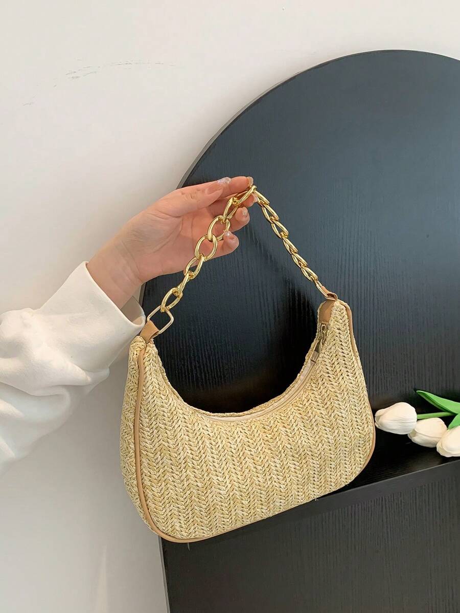 Fashion Solid Color Metallic Chain Crescent Moon Convertible Handbag For Women - Khaki - View 1