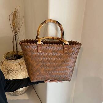 2025 新款手工编织藤条手提包、复古竹结手提包、手工竹编织单肩包、礼物