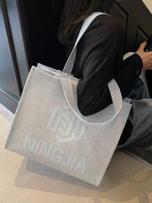 1 Stück modischer minimalistischer Buchstaben-Muster Segeltuch-Tragetasche - große Kapazität, Reißverschluss, geeignet für Arbeit oder täglichen Gebrauch - Blau - Übersicht 4