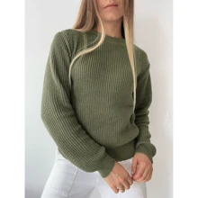 Winter Knitting Blouse Fang Point Tricot Round Neck Puff Sleeve - Army Green - View 1