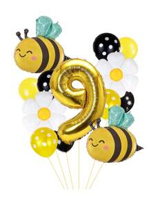 13pcs/Set 32 Inch Gold/Black 0-9 Number Balloons, Giant Bee Shaped Foil Balloon, Daisy/White Flower Balloons (Approx. 42cm Diameter), 12 Inch Yellow/Black Polka Dot Balloons, Creating A Dreamy Bee-Themed Party For Birthday Celebration, Spring Outdoor Party, Business Events, Etc.