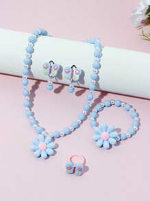 Set de 5 piezas de joyería con collar, pulsera, anillo y aretes con diseño de flores y mariposas, accesorios encantadores con cuentas, adecuado como regalo de cumpleaños para niñas - Azul - Ver 1