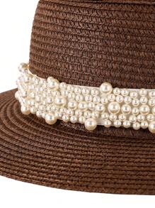 1pc Elegant Bohemian Solid Beaded & Pearl Decor UV Protection Round Top Straw Sun Hat, Fashion & Versatile For All Seasons - Straw Hat - View 6
