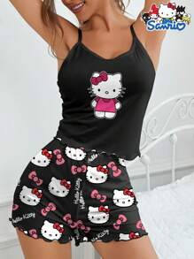 Sanrio Set da 2 pezzi in coordinato da donna per la casa Hello Kitty di Sanrio, con canotta a bretelle e pantaloncini con stampa di lettere e fiocco, pigiama comodo
