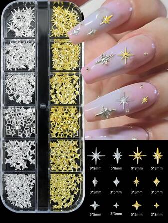 1Box 12 Grid Sparkling Golden Silver Star Nail Rivet Studs - 3D Starlight Butterfly Flower Moon Alloy Metal Nail Supplies Nail Charms For Nails Nail Gems
